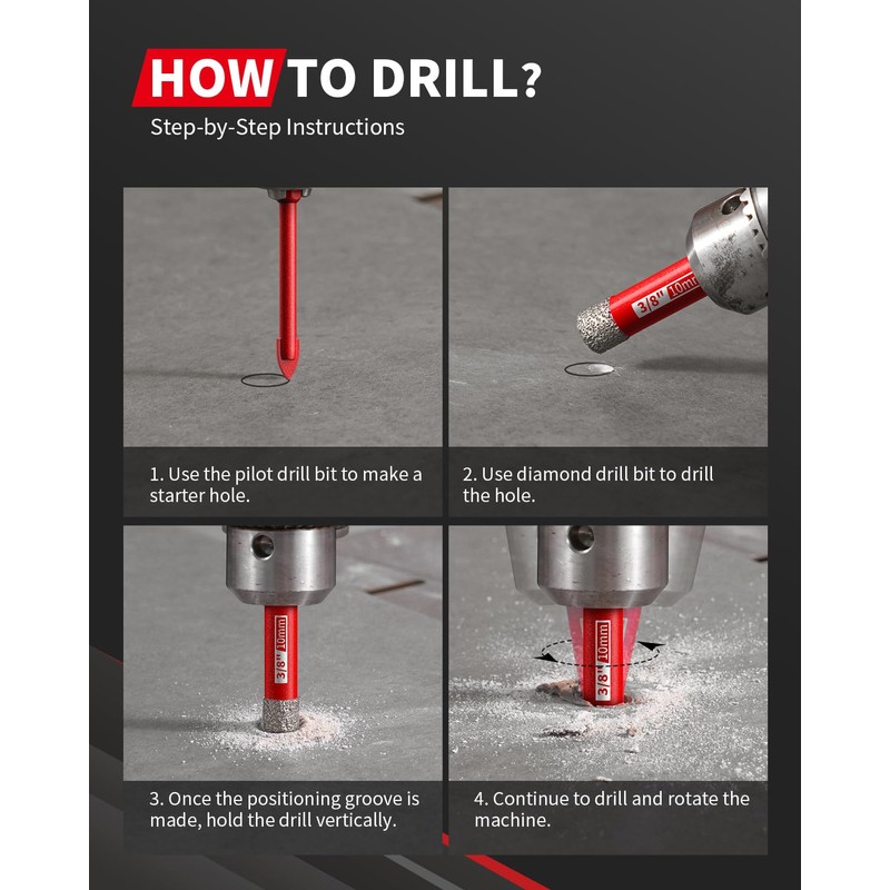 Dry Diamond Drill Bits, 3/16" 1/4" 5/16" 3/8" 1/2" Tile