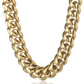 TRIPOD JEWELRY Men's Hip Hop Miami Cuban Link Chain or Bracelet - 14K or White Gold Plated Stainless Steel Cuban Link Choker Gold Chains Necklace 8mm,10mm,12mm,14mm,16mm (14K Gold - 8mm, 26.00)