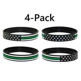 Great 1 Thin Green Line American Flag Silicone Stretchable Bracelet - 4-Pack - Milita...