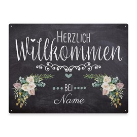 PR Print Royal Front Door Sign with Name – Herzlich Willkommen bei – Metal Sign with Surname Personalise, Outdoor Sign Made of Aluminium, Weatherproof, Flower Motif, 21 x 15 cm