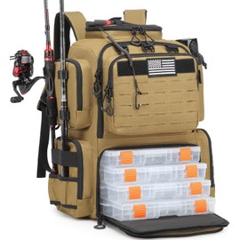 BISKLNDN Tactical Fishing Tackle Backpack with Rod Holders & 4 Tackle Boxes, Bottle Holder, 50L Large Durable Fishing Tackle Bag Store Gear and Equipment, 900 D Oxford, Brown