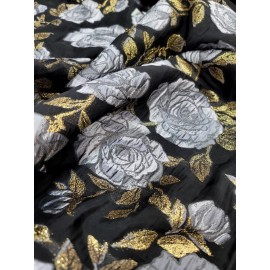 Divastyletextiles Silver Floral Black Organza Brocade Fabric Sold By The Yard FOR DRESS Home Decor