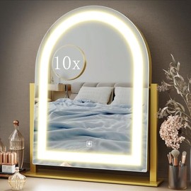 FENNIO Large Vanity Mirror with Lights - 15.5"x13" LED Lighted Makeup Mirror with Lights, 10X Magnification, Touch Screen with 3-Color Lighting, Dimmable, for Vanity Desk Tabletop, Bedroom（Gold）
