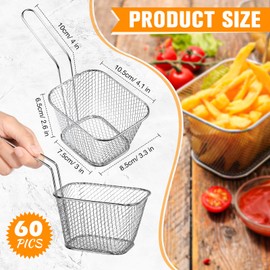 Maxdot 60 Pcs Mini Square Fry Basket with Handle Chrome French Fries Holder Chip Food Presentation Baskets Net Potato Cooking Tool for Table Serving Oil Residue Filtration