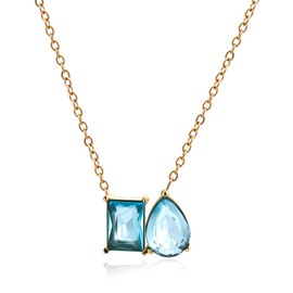 Desnuage 14K Gold Plated Double Aquamarine Birthstone Necklace Dainty Square Teardrop Light Blue Pendant Necklaces for Women Trendy