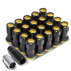 DNA MOTORING LN-ZTL-9016-15-GD 16Pcs M12 x 1.5 Closed End Wheel Lug Nuts + 4Pcs Lock Nuts + Key + Extension Adapter, 22mm OD/45mm Height, Gold Accents/Black Body