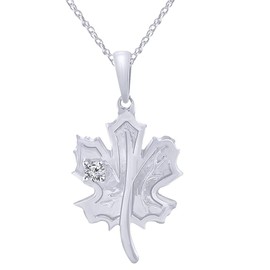 Pretty Jewels 14k White Gold Finish Sterling Silver Round Cut Natural White Diamond Accent Maple Leaf Pendant Necklace With 18" Chain (Diamond Color : H-I, Clarity : I2-I3, 0.06 CTTW)