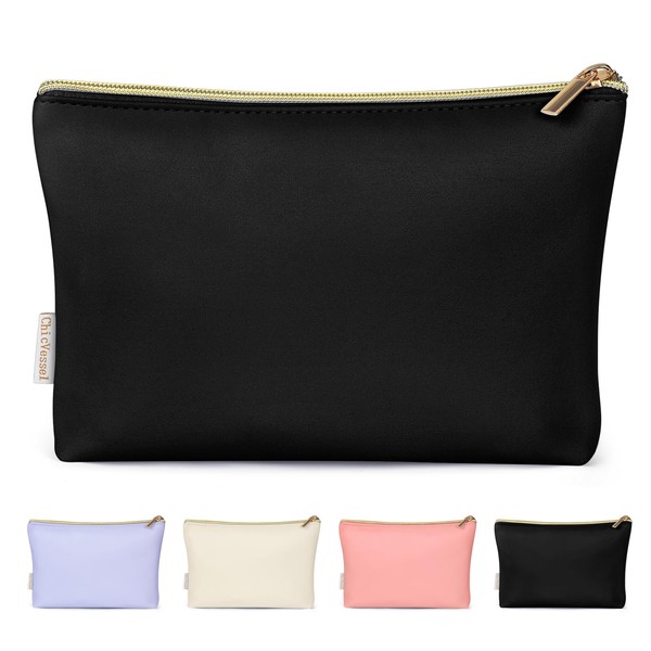 ChicVessel Small Makeup Bag PU Leather Make up Bag for Purse Travel Cosmetic Bag for Women with Gold Zipper Makeup Pouch Aesthetic Preppy Stuff Black