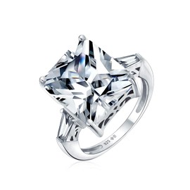Art Deco Style .925 Sterling Silver Large Rectangle AAA CZ Cubic Zirconia Brilliant Cut Statement Engagement Ring Baguette Side Stones