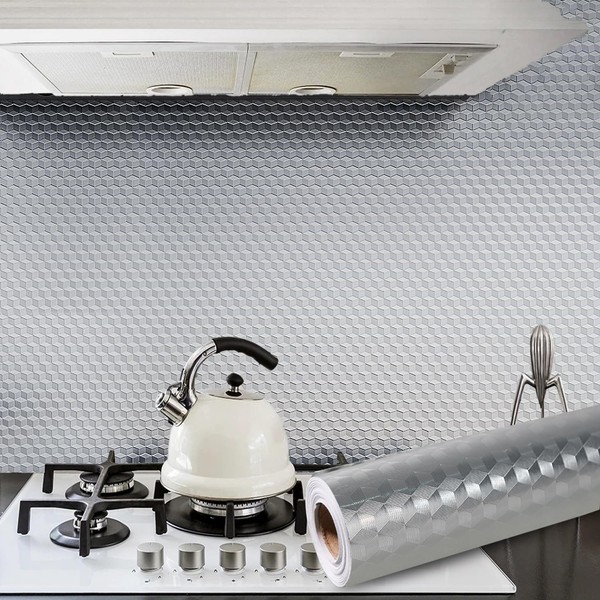 Kitchen Backsplash Wallpaper Oil Proof Sticker 15.7"x118" Self Adhesive Aluminum