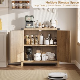 GarveeHome Rattan Sideboard Buffet Cabinets with Storage, Farmhouse Kitchen Accent Storage Cabinet, Boho Wooden Coffee Bar Cabinet for Dining Room, Living Room, Hallway, Natural