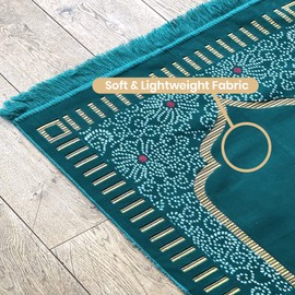 Tekbir Mihrab Taffeta Ottoman Prayer Rug - Elegant Design Velvet Islamic Janamaz - Padded Portable Namaz Carpet for Muslims - Sajadah Mat (Teal)