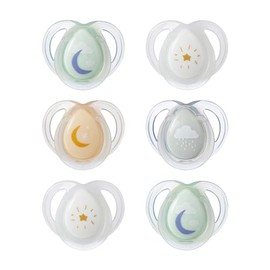 Tommee Tippee Chupete nocturno, 0-6 meses, bolsa de silicona simétrica, Binkies sin BPA, tecnología Glow in the Dark y pasteles azules, paquete de 6