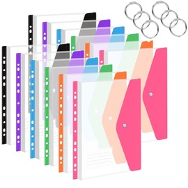 Pack of 12 A4 Document Folders for Filing, Document Pockets, Filing Folder, Transparent Pocket with 11 Hole Edge, Press Stud and Label Pocket for Document Organising in 6 Colours