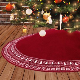 Dremisland Large Christmas Tree Skirt, 48 Inch Cable Knit Knitted Thick Rustic Tree Skirt with Snowflake Xmas Tree Pattern Burgundy Xmas Tree Skirt Mat for Home Party Holiday Decoration