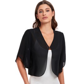 SURVODJA Womens Chiffon Cropped Cardigans Lightweight Sweaters Short Sleeve Bolero Shrugs for Dress(Black,L)