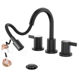 Phiestina Pull Out Sprayer Matte Black 8 Inch Bathroom Sink Faucet, Widespread 2 Handles 3 Hole Pull Down Bathroom Faucet, with Pop Up Drain and Water Supply Line, BF04022-K01-MB