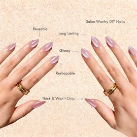 Uñas postizas cortas almendradas con forma de ojo de gato rosa bebé, uñas postizas con acabado cromado brillante, uñas de gel estilizado para pegar, c