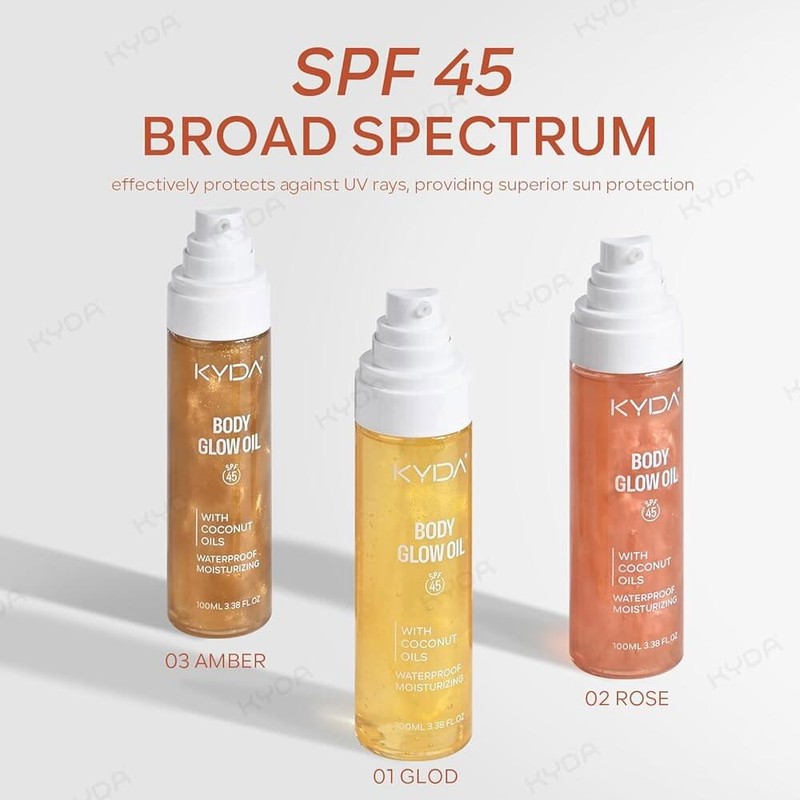 KYDA 바디 글로우 오일 골드 미카 SPF 45 선크림 선키스