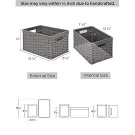StorageWorks Round Paper Rope Storage Baskets, Rectangular Wicker Baskets with Built-in Handles, Gray, 2-Pack