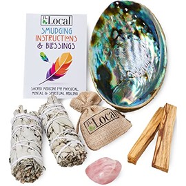 JL Local Perfect Unity Smudging Kit - 2 White Sage Smudge Sticks + 2 Palo Santo Sticks + Abalone Shell Bowl + Rose Quartz Crystal | Healing Incense for Cleansing, Blessing, Protection, Meditation