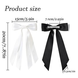 2PCS Silky Satin Hair Bows Hair Clip French Hair Clips with Long Ribbon Solid Color Hair Barrette Clips Simple Hair Fastener Accessories Hair Barrettes for Girls Women (Black + White)