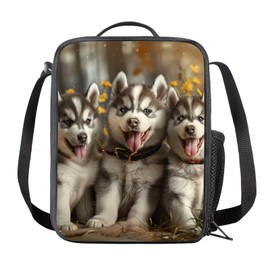 Salabomia Insulated Lunch Bag for Kids, 3D Husky Cool Lunch Box, Adjustable Shoulder Strap Reusable Handbag Tote Bag School Lunch Box with Zipper, Brown