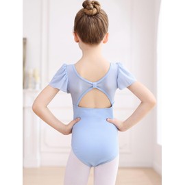 Ballet Leotard for Girls Ruffle Short Sleeve Dance Leotards Bow Back Gymnastics Outfit for Toddler Kids 6-8 Years blue