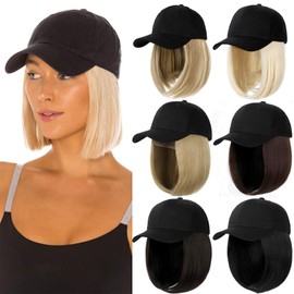 Qlenkay Baseball Cap with Hair Extensions Straight Short Bob Hairstyle Adjustable Removable Wig Hat 14inch for Woman Girl Dark Brown