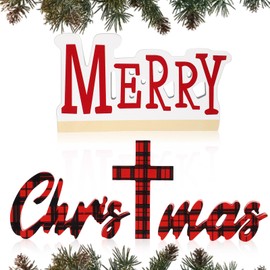Amyhill Merry Christ Mas Wooden Table Sign Christian Jesus Christmas Red Nativity Cross Religious Gifts Buffalo Plaid Tabletop Decor Faith Blessed Cross Art Centerpieces for Church Home Room Decor