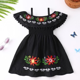 FYMNSI Baby Girls Mexican Dress Spaghetti Strap Off Shoulder Floral Embroidery Dresses Toddler Traditional Mexico Birthday Party Clothe Cinco De Mayo Fiesta Outfit Hawaii Casual Sundress Black 2-3Y