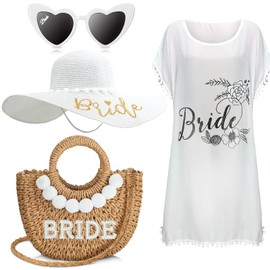 Hillban 4 Pcs Bride Gifts Set Bridal Shower Gifts Bride Sun Hat Pearl Letters Straw Bag Beach Swimsuit Sunglasses for Wedding Engagement Bachelorette Party