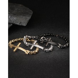 Edulex 316L Stainless Steel Cross Christian Bracelet - Mens Cuff Vintage Silver Rhodium Plated Religious Bracelets for Men Punk Jewelry