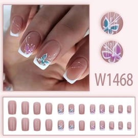 CEWEWP 24Pcs/set Light Pink Butterfly Press On Nails Medium Square White French Tip Fake Nails Glossy Stripe Acrylic Nails Elegant Style Full Cover Glue On Nails For Women Girls Manicure Decorations