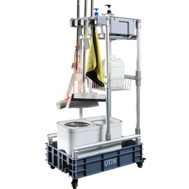 Rolling Cleaning Cart with Mop & Broom Organizer ， Convenient Storage Cart for Janitorial Supplies, Tools, and Cleaning Equipment ， Floor Cleaning Station with Wheels for Housekeeping, Garage &Garden