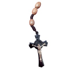 Saint Benedict Rosary, Knot and Beads, Wooden with Cognac color Case, 20 Inch Light Wood Metal Prayer Necklace with bonded leather case, Traditional Religious Design. MADE IN ITALY.