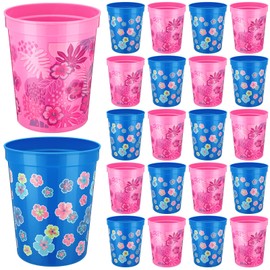Qinyoung 24 Pcs Cartoon Party Decoration Cups 16oz Reusable Plastic Cups Cartoon Themed Birthday Party Favor Tumblers Bulk for Smoothie Juice Ice Coffee, Blue, Pink