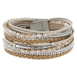 StarAppeal Wrap Bracelet With Beads, Rhinestones, Necklaces And Braids, Magnetic Clasp, Silver Matt, Ladies’ Bracelet, light brown