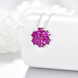 YFN Flower Birthstone Necklace for Women Sterling Silver Red Cubic Zirconia Pendant Ruby Flower Jewellery July Birthday Gifts for Her Wife Mom Daughter