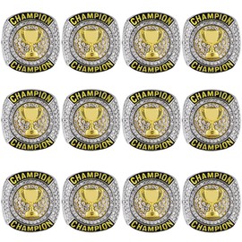 12 Pack Championship Rings Baseball Soccer Basketball Football Hockey Class High School University Bowling Champion Cup Trophy Ring for Tournament Award Gift (12 Pack rings, 10)