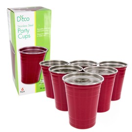 D'Eco Reusable 16 oz Red Party Cups (6 Pack) - Unbreakable Stainless Steel Dishwasher Safe Drinking Glasses -Perfect for Hosting & Entertaining- Cups for Drinking Games, College, Party Games