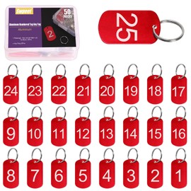 Swpeet 50Pcs 1-25 Number Red Rectangle Aluminum Number Tags with Key Rings Assortment Kit, Metal Keychain Tag with Keyrings Numbered Key Tags ID Tags for Coding, Decoration