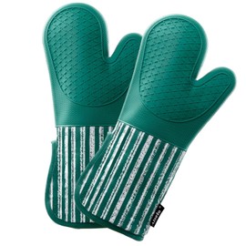 Alselo Silicone Oven Mitts Heat Resistant 932℉ with Waterproof & Non-Slip Kitchen Mittens, Set of 2 Extra Long Oven Gloves with Soft Cotton Terry Lining for Baking Cooking Barbecue (Emerald Green, 2)