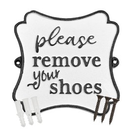 AuldHome Design Cast Iron Sign: Please Remove Your Shoes; Farmhouse Metal Plaque in Black and White 6.5 inches x 6.5 inches; Includes Mounting Hardware