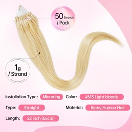 Beauty7 DIY Hair Extensions, 50 Pieces, Real Hair Extensions, Micro Ring Hair Strands, Remy Hair Thickening, Hair Extensions, 1 g/Strands, 22 Inches, 55 cm, #613 Light Blonde