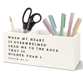 SNNDER Inspirational Christian Pen Holder for Desk, Christian Religious Gifts for Women Men, Psalm 61:2 Bible Verses Wooden Pen Pencil Holder Organizer for Home Office Desk Accessories