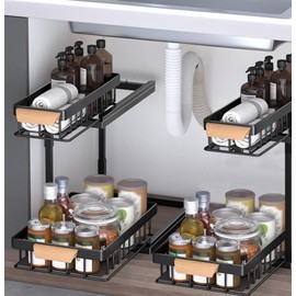 Swartisfad Under Sink Organizers, 2 Tier Pull Out Organizer and Storage, Upgraded Metal Storage Shelves with Sliding Basket, Cabinet or Countertop Organizer for Kitchen Bathroom (Black, 1 Pack)