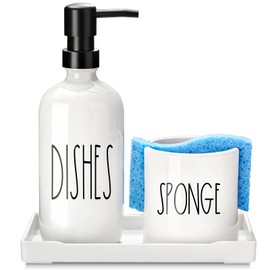 ALPIRIRAL Dish Soap Dispenser for Kitchen, Ceramic Dish Soap Dispenser with Sponge Holder, White Dispenser Set with Tray, 3 in 1 Countertop Sink Organizer, Farmhouse Modern Kitchen Decor