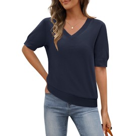 MEROKEETY Women's Summer Short Sleeve Tops Casual V Neck Lightweight Knit Sweater Shirts Blouse, Navy, Large
