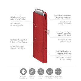 Doppler Carbon Steel Slim Plain Pocket Umbrella - Handy Format - Light as a Feather - 22 cm - Red